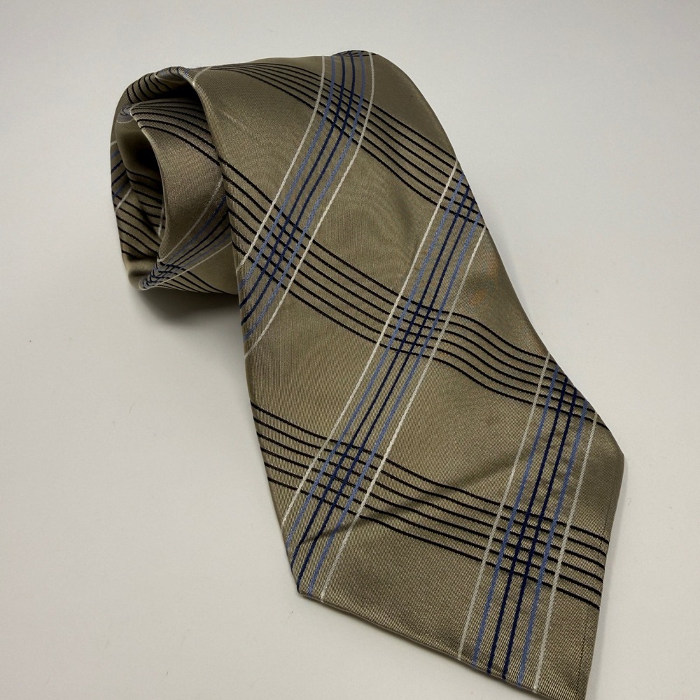 Geoffrey Beene Mens Silk Tie Olive Green Blue Black Diagonal Plaid Traditional